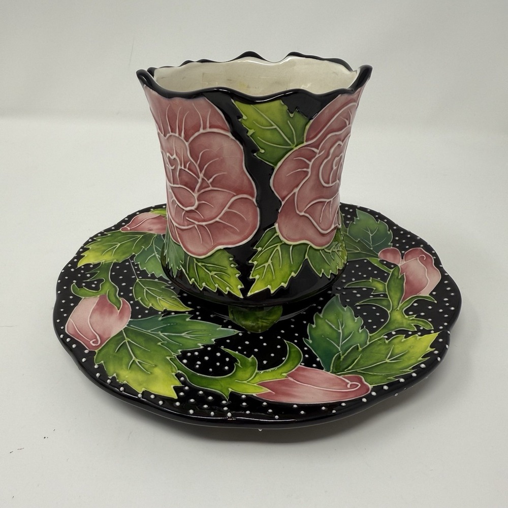 J McCall 2004 Blue Sky Tri Footed Rose Buds Ceramic With Pink Roses